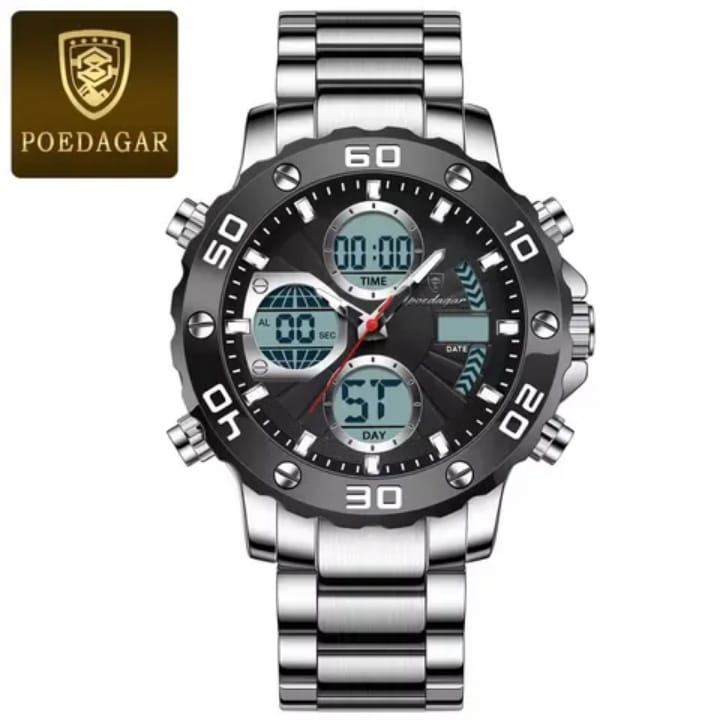 POEDAGAR E102 dual time display digital watch with a silver stainless steel band and a black face, shown from the front.