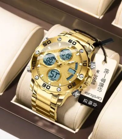 A gold POEDAGAR E102 digital watch with a stainless steel band, resting on a display cushion inside its box.