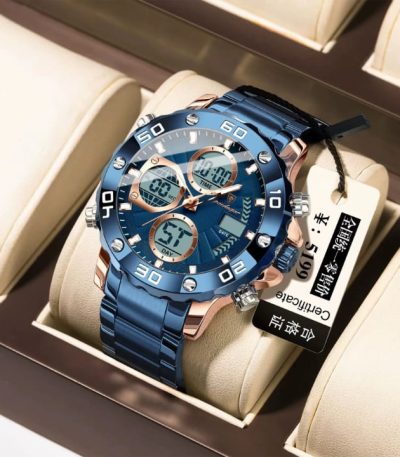 A POEDAGAR E102 digital and analog watch with a blue stainless steel band and rose gold accents, shown on a display holder.