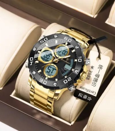 A close-up of the POEDAGAR E102 digital watch. The watch features a gold stainless steel band and a black dual-display face.