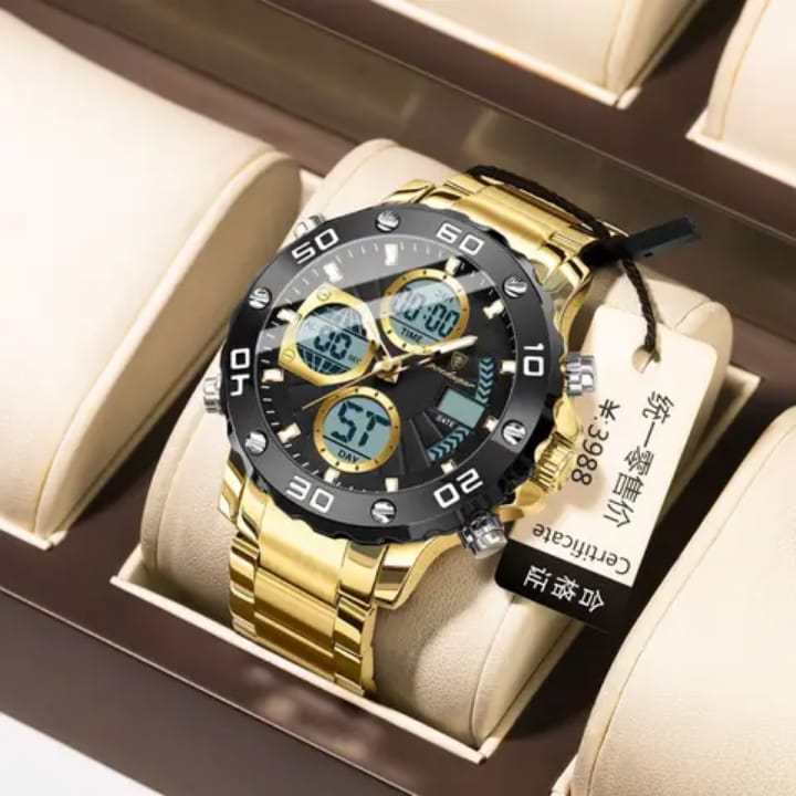 A close-up of the POEDAGAR E102 digital watch. The watch features a gold stainless steel band and a black dual-display face.