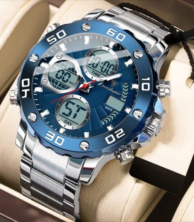 A close-up of the POEDAGAR E102 digital watch, which has a silver stainless steel strap and a blue dial with dual displays.