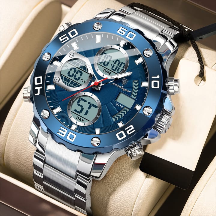 A close-up of the POEDAGAR E102 digital watch, which has a silver stainless steel strap and a blue dial with dual displays.