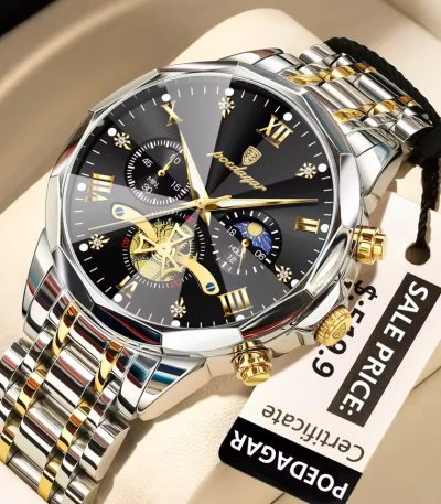 Poedagar 938 men's luxury watch with a black dial, chronograph features, and a two-tone stainless steel bracelet.