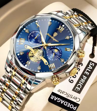 A Poedagar 938 men's luxury watch with a blue dial, chronograph subdials, and a two-tone stainless steel bracelet.