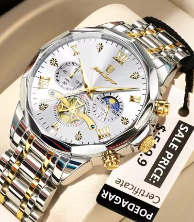 A Poedagar 938 men's luxury watch with a white chronograph dial and a two-tone stainless steel bracelet.