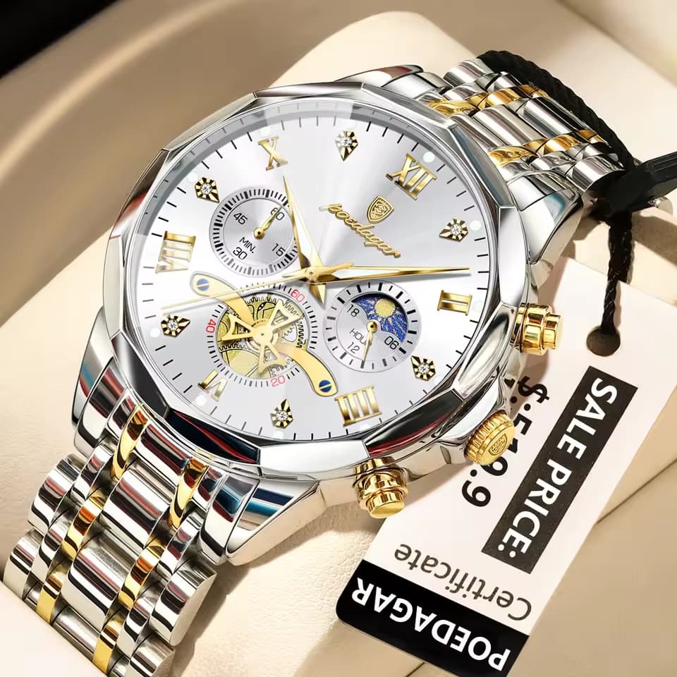 A Poedagar 938 men's luxury watch with a white chronograph dial and a two-tone stainless steel bracelet.