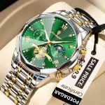 A Poedagar 938 men's luxury watch with a green dial, chronograph features, and a two-tone stainless steel bracelet.