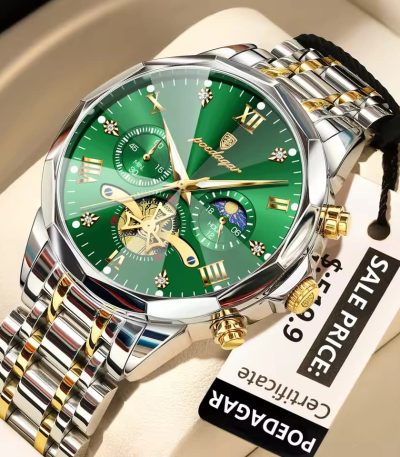 A Poedagar 938 men's luxury watch with a green dial, chronograph features, and a two-tone stainless steel bracelet.