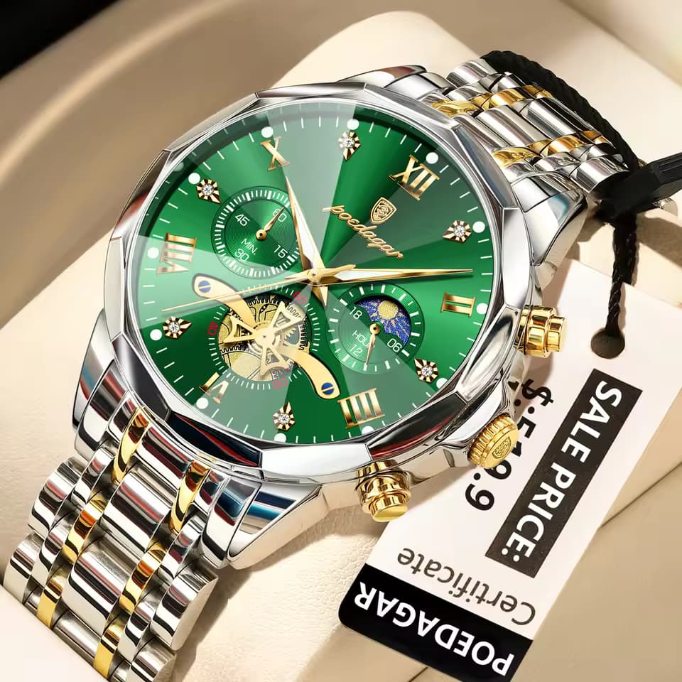 A Poedagar 938 men's luxury watch with a green dial, chronograph features, and a two-tone stainless steel bracelet.