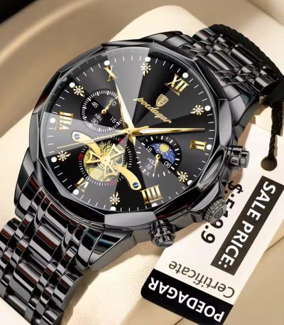 Close-up of the Poedagar 938 Men's Luxury Stainless Steel Chronograph watch, featuring a full black case and a detailed dial.