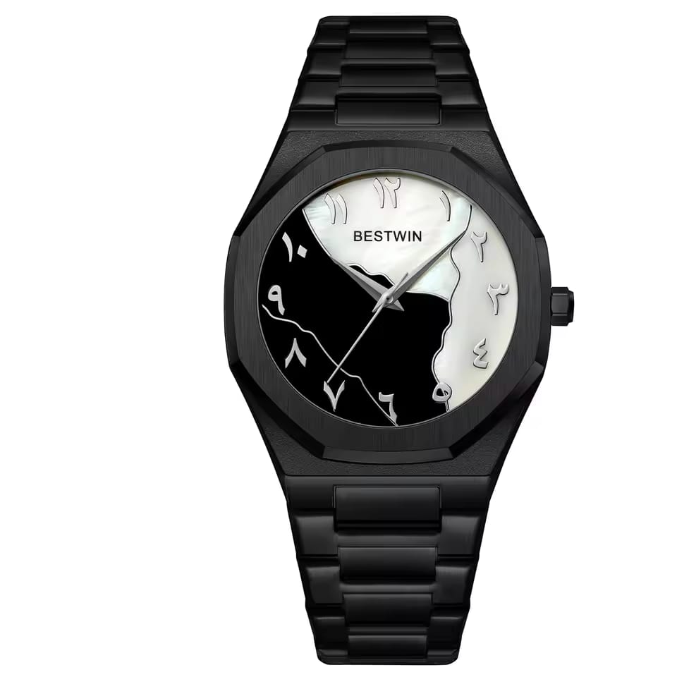 Front view of the Bestwin 812 Original Arabic Diel Premium Watch in black, showing its unique black and white dial.
