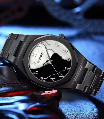 A close-up of the Bestwin 812 Original Arabic Diel Premium Watch in black, showing its unique two-tone face and metal link band.