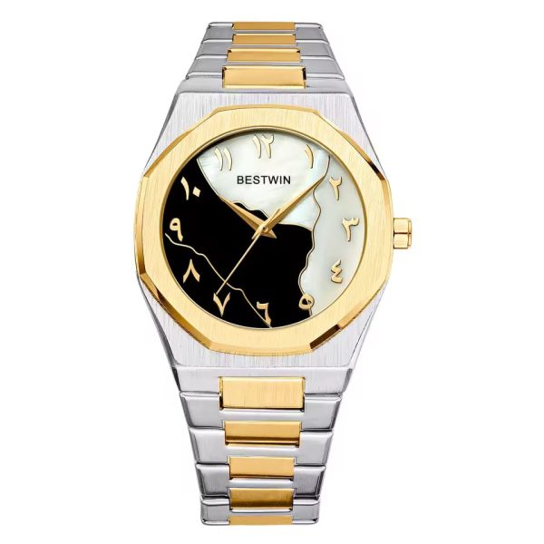 A Bestwin 812 Arabic Diel watch with a two-tone silver and gold metal bracelet and a unique black and white dial.