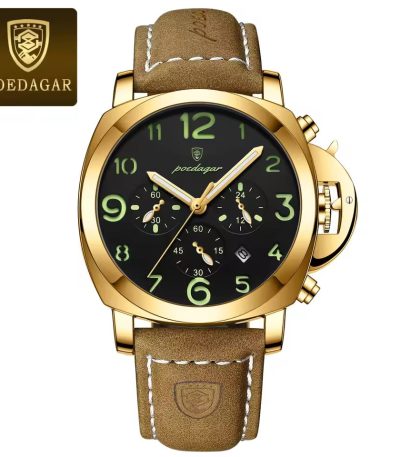 A POEDAGAR 859 luxury sports watch for men, featuring a golden case, a black dial with luminous numbers, and a brown leather strap.