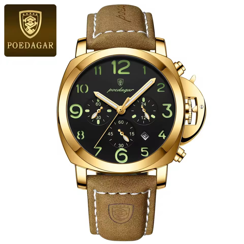 A POEDAGAR 859 luxury sports watch for men, featuring a golden case, a black dial with luminous numbers, and a brown leather strap.
