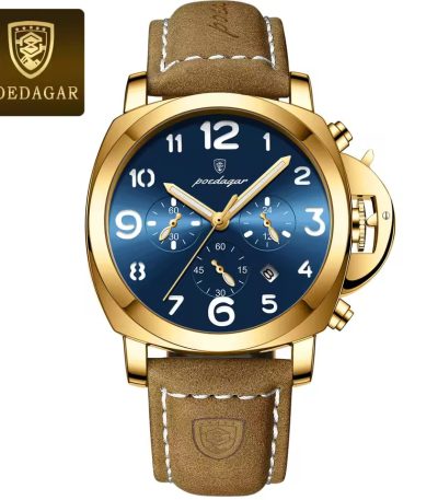 Front view of the POEDAGAR 859 luxury mens watch, featuring a golden case, a vibrant blue dial, and a brown leather strap.