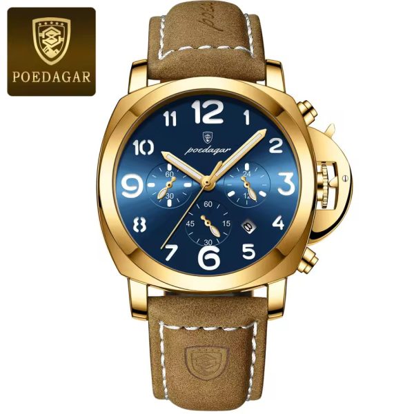 Front view of the POEDAGAR 859 luxury mens watch, featuring a golden case, a vibrant blue dial, and a brown leather strap.