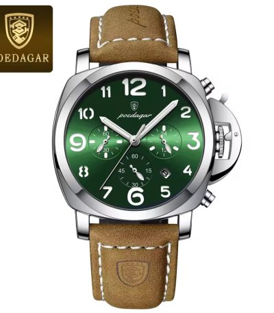 Front view of the POEDAGAR 859 luxury sports watch, showing its green dial, silver case, and a brown leather strap.