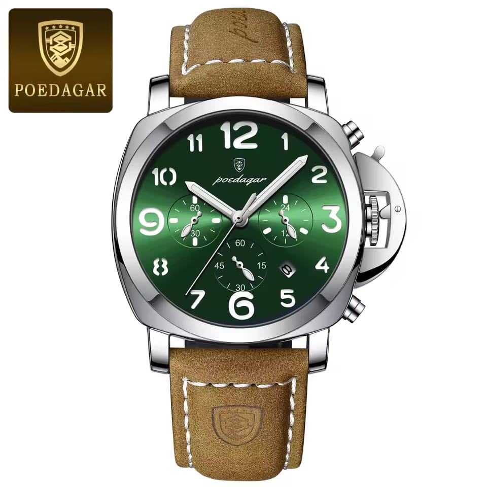 Front view of the POEDAGAR 859 luxury sports watch, showing its green dial, silver case, and a brown leather strap.