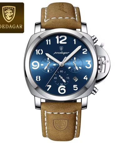 Front view of the POEDAGAR 859 luxury sports watch, featuring a silver case, a deep blue dial, and a brown leather strap.