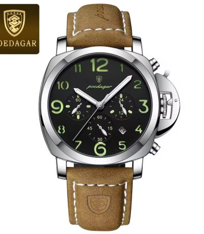 Front view of the POEDAGAR 859 luxury sports watch, featuring a silver case, black dial with luminous numbers, and a brown strap.