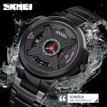A close-up of the Skmei 1699 X Shape men's wrist watch in black, featuring a steel band and a distinctive face design.