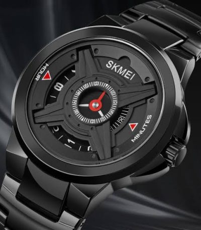 A close-up of the Skmei 1699 X Shape men's watch, featuring a unique black dial with red details and a black steel band.