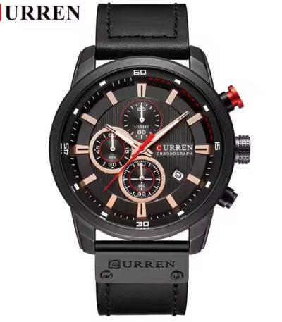 A front view of the Curren 8291 fashion men's watch, showcasing its black dial with rose gold accents and a black strap.