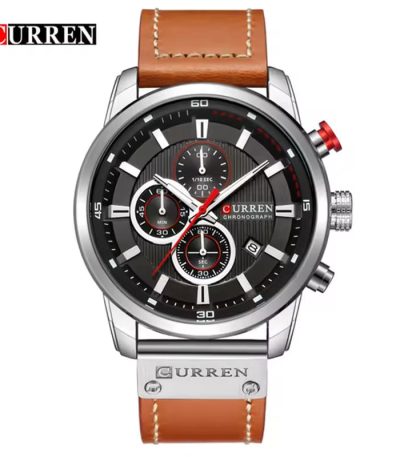 Front view of the Curren 8291 men's fashion watch, showing a silver case, black chronograph dial, and a brown leather strap.