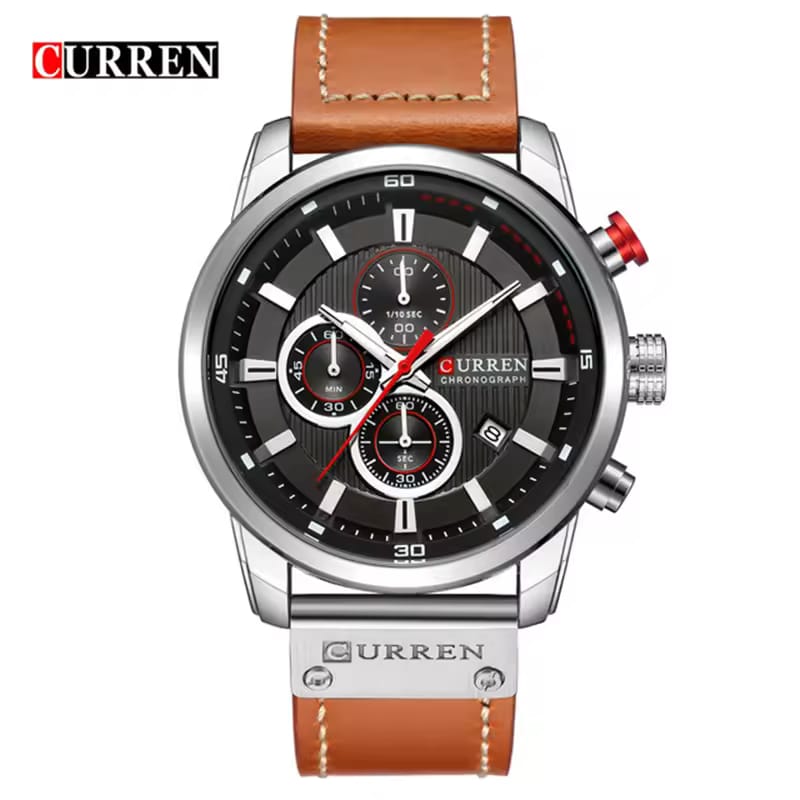 Front view of the Curren 8291 men's fashion watch, showing a silver case, black chronograph dial, and a brown leather strap.