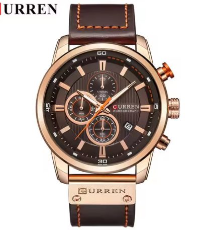 A front view of the Curren 8291 fashion men's watch, highlighting its rose gold case and coffee-colored chronograph dial.