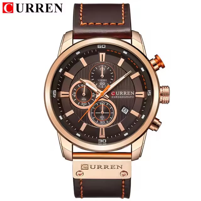 A front view of the Curren 8291 fashion men's watch, highlighting its rose gold case and coffee-colored chronograph dial.