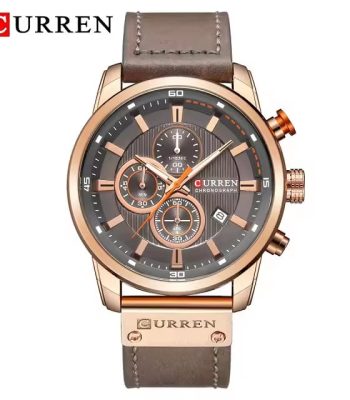 A Curren 8291 men's fashion watch with a rose gold case, dark gray chronograph dial, and a stitched gray leather strap.