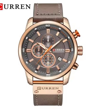 A Curren 8291 men's fashion watch with a rose gold case, dark gray chronograph dial, and a stitched gray leather strap.