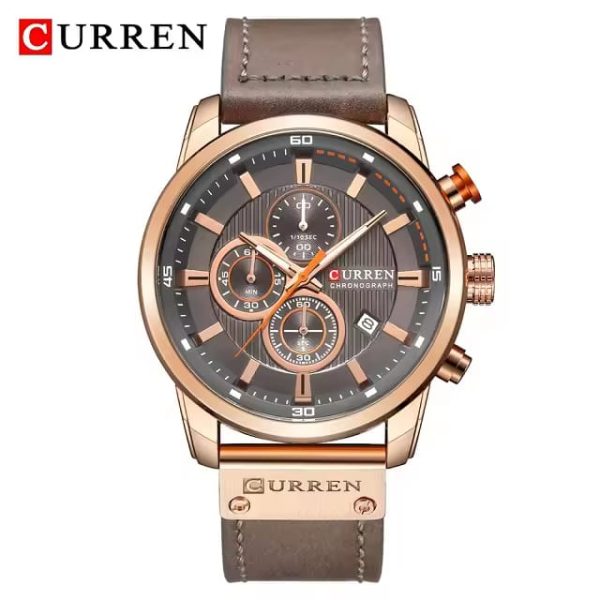 A Curren 8291 men's fashion watch with a rose gold case, dark gray chronograph dial, and a stitched gray leather strap.
