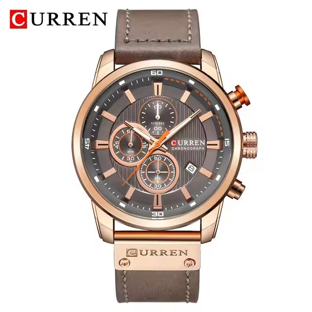 A Curren 8291 men's fashion watch with a rose gold case, dark gray chronograph dial, and a stitched gray leather strap.