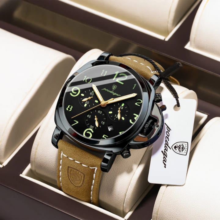 POEDAGAR 859 luxury sports mens watch with a black dial, gold hands, and a brown strap resting in a display box.
