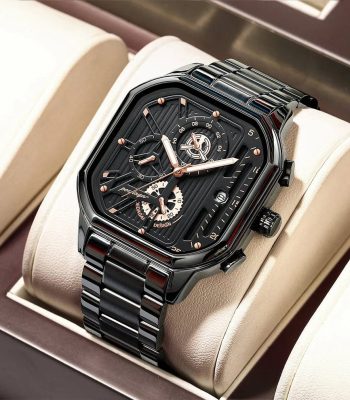 A Poedagar 628 men's watch in black, featuring a rectangular dial with gold details and a polished stainless steel strap.