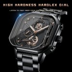 Close-up of the Poedagar 628 men's watch in black, showing the detailed dial with rose gold accents and a stainless steel strap.