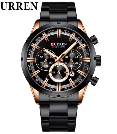 Front view of the CURREN 8355 mens chronograph watch, featuring a black stainless steel band and a black and rose gold case.