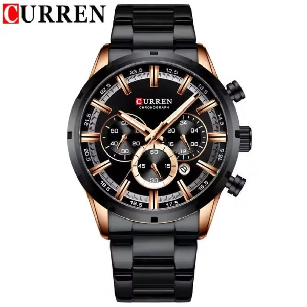 Front view of the CURREN 8355 mens chronograph watch, featuring a black stainless steel band and a black and rose gold case.
