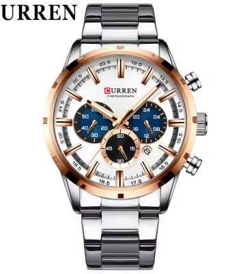 Front view of the CURREN 8355 mens chronograph watch with a stainless steel strap, white face, and blue subdials.