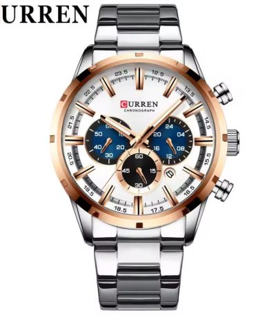 Front view of the CURREN 8355 mens chronograph watch with a stainless steel strap, white face, and blue subdials.