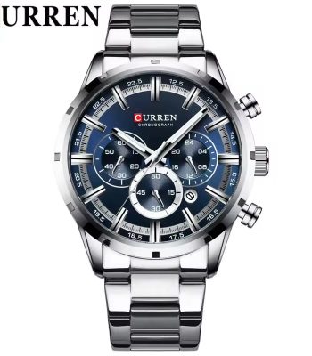 Front view of the CURREN 8355 chronograph watch, featuring a blue dial and a stainless steel bracelet.