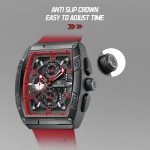 A close-up view of the Naviforce 8052T watch in red and black, highlighting its anti-slip crown for time adjustment.