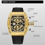 An infographic detailing the product features of the Naviforce 8052T watch, showing its gold-colored case and black dial.