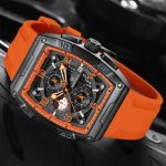 A close-up, angled view of the Naviforce 8052T watch with its bold orange silicone band and square black and orange case.