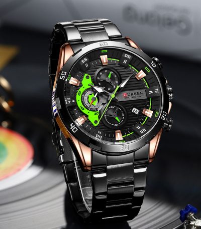 A front-angled view of the Curren 8402 watch, featuring a black and rose gold case with a striking lime green accented dial.