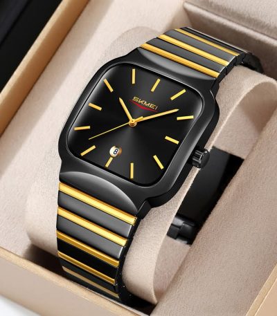 A close-up of the SKMEI 9361 men's watch, featuring a black square face with gold hands and a two-tone black and gold strap.